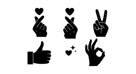 This vector features black silhouette hand gestures expressing love, peace, approval, and positivity with heart and sparkle elements in a simple style, calm mood.のイラスト素材