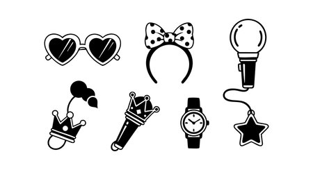 Vector illustration shows black and white fashion accessories including heart-shaped glasses, microphone, watch, bows, and crowns in simple style, elegant.のイラスト素材