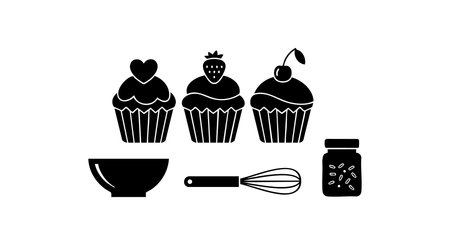 Vector illustration shows cupcakes with a bowl, whisk, and jar of ingredients in black silhouette style, conveying baking concept. Cheerful.のイラスト素材