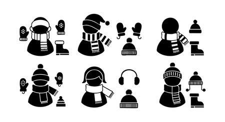 Vector illustration shows various winter clothing accessories including hats, scarves, mittens, earmuffs, and boots in black silhouette style. Cozy mood.のイラスト素材