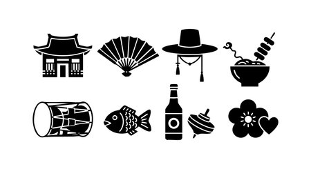 Illustration shows traditional Korean culture icons including fan, drum, hat, food, flower, and fish in simple black silhouette style, calm mood.のイラスト素材