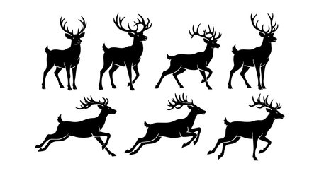 This vector features black silhouettes of deer in various running and standing poses, showcasing ants in natural motion, calm atmosphere.のイラスト素材
