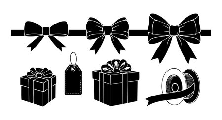 Vector illustration shows black ribbon bows, gift boxes with bows, a tag, and a ribbon roll for decoration in flat style, minimalistic and elegant. Calm mood.のイラスト素材