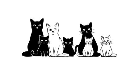 Vector illustration shows seven black and white cats sitting side by side, presenting a clean and minimalistic style with a calm mood.のイラスト素材