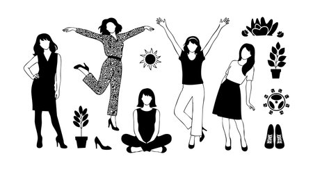 Vector illustration shows women silhouettes with plants, sun, and nature elements in black and white, creating a calm and balanced mood.のイラスト素材