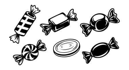 This vector illustration shows five different black and white candy sweets with diverse shapes and wrappers, creating a playful and nostalgic mood.のイラスト素材