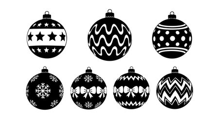 Vector illustration features seven black and white Christmas ornaments with various patterns in a simple style creating festive holiday mood.のイラスト素材