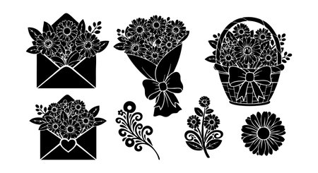 This vector features black silhouette floral bouquets, flower basket, and individual flowers in a decorative style, presenting a classic and elegant mood.のイラスト素材