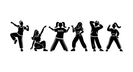 Silhouettes of six dancers in various modern dance poses with dynamic energy and movement in black style vector illustration, lively mood.のイラスト素材