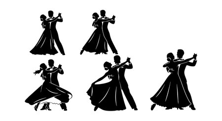 This vector shows black silhouettes of couples performing ballroom dance moves with flowing dresses, capturing elegant movement and romantic mood.のイラスト素材