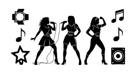 Three female singers dance and perform surrounded by music notes, a star, a spotlight, and a speaker in black silhouette style, energetic mood.のイラスト素材