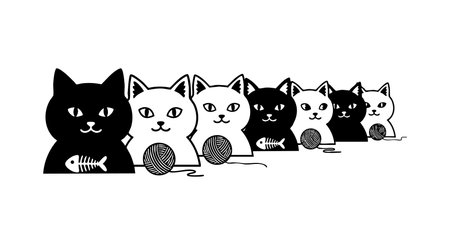 Black and white cats sit in a row playing with yarn balls, creating a playful and charming scene in monochrome style. Calm mood.のイラスト素材