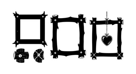 Three rustic wooden frames with a hanging heart pendant and floral details in black silhouette style, presented in a landscape format. Calm mood.のイラスト素材