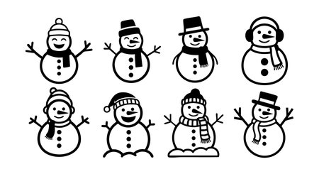 This vector shows eight snowman characters wearing hats and scarves in black and white with winter theme. Cheerful and festive mood.のイラスト素材