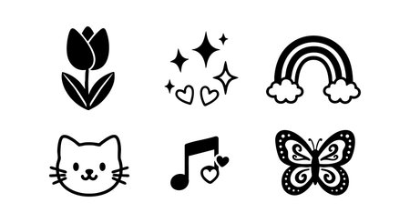 This vector shows six simple black and white icons including a tulip, cat face, butterfly, rainbow, music note, and sparkles with hearts, creating a playful mood.のイラスト素材