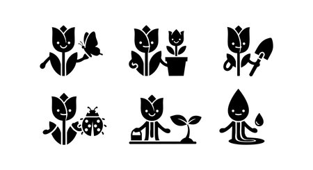 Vector icons show tulip flowers with gardening tools, insects, and watering activities in simple black style, conveying gardening and nature mood.のイラスト素材