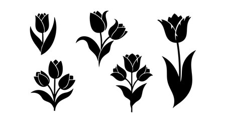 This vector set shows five black tulip flower silhouettes with leaves and stems, perfect for floral and botanical design projects. Simple and elegant mood.のイラスト素材