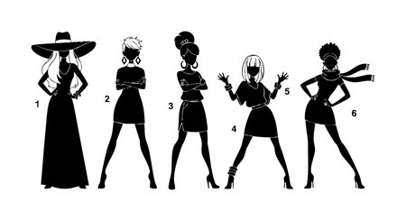 Five stylish women stand confidently in varied poses featuring hats, scarves, and heels in a black and white silhouette style. Elegant mood.のイラスト素材