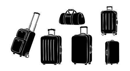 This vector image shows a collection of travel luggage bags including rolling suitcases and a duffel bag, suitable for vacation and journey packing themes. Clean and simple style, functional mood.のイラスト素材