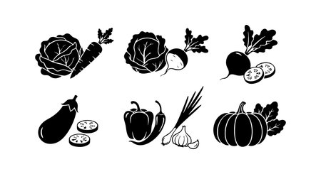 Vector illustration shows black and white fresh vegetables such as cabbage, radish, eggplant, pepper, garlic, and pumpkin with leaves, presented in simple silhouette style, clean and minimal, natural mood.のイラスト素材