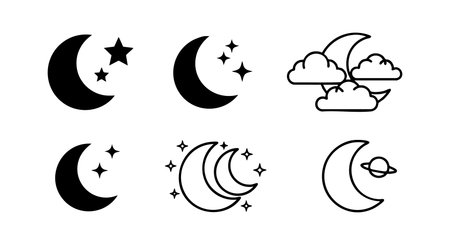 This vector set features six black crescent moon icons combined with stars, clouds, and planets in a minimalist design style. The icons are clean and versatile, perfect for night or space themes. Calm and modern.のイラスト素材