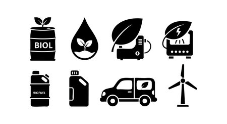 Vector set displays biofuel containers, leaf with plug, electric car, wind turbine, and water drop with plant, representing renewable energy and sustainability in a clean style. Eco-friendly mood.のイラスト素材