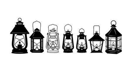 This image shows a set of vintage lanterns in black silhouette style, isolated on white background, emphasizing classic shapes and nostalgic lighting, creating a timeless mood.のイラスト素材