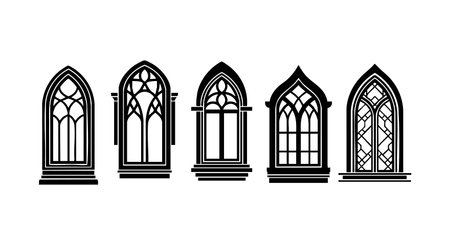 Vector set features five gothic arched windows with detailed tracery patterns, perfect for architectural design projects and decorative elements, presented in black and white, clean and elegant style. Calm.のイラスト素材