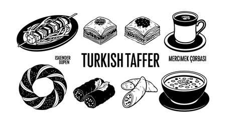 This vector set features iconic Turkish taffee dishes including kebab, pastries, and soups, shown in a clean black and white style for culinary design projects. Classic and appetizing.のイラスト素材
