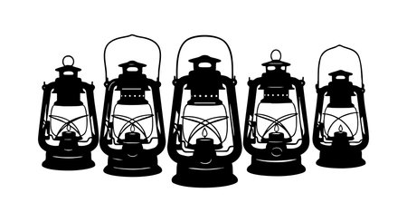 This vector features five vintage kerosene lanterns in silhouette, emphasizing rustic and nostalgic lighting themes in black and white style, creating a classic and timeless mood.のイラスト素材