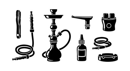This vector image displays a complete set of hookah smoking accessories including hose, mouthpiece,...