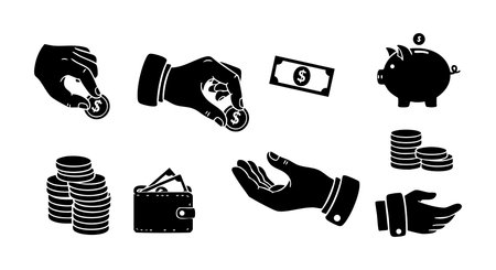 Vector icons show hands holding coins, money bills, piggy bank, wallets, and coin stacks, illustrating financial concepts and business transactions in a simple black silhouette style. Clear and versatile design, professional mood.のイラスト素材