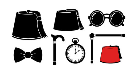 Black and red vintage accessories including fez hats, bow tie, round glasses, walking cane, and pocket watch displayed on white background, classic retro style, elegant mood.のイラスト素材