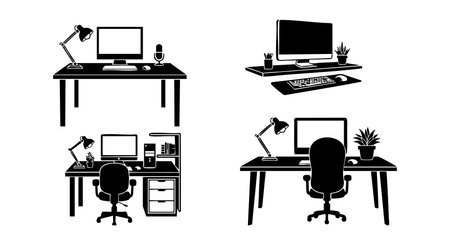 This vector illustration shows four black and white office desk setups with computers, lamps, chairs, and plants in a minimalist style. The design is clean and professional. Calm.のイラスト素材