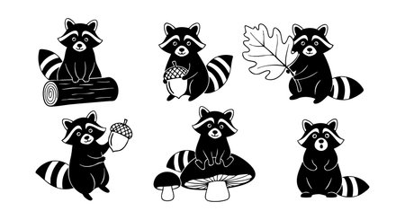 This vector displays six adorable raccoon illustrations in various playful poses holding forest objects like acorns, mushrooms, leaves, and logs. The black and white style highlights woodland charm and nature vibes. Cheerful mood.のイラスト素材