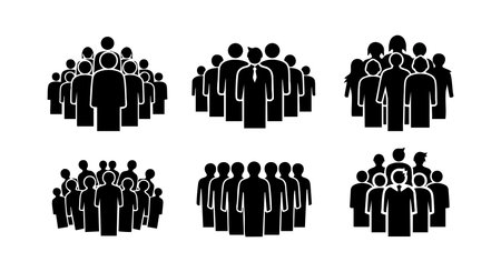 This vector file shows six different group icons representing people in various formations, symbolizing teamwork, community, and collaboration in a simple black silhouette style. Clear and professional mood.のイラスト素材