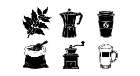 This vector set features black silhouette icons of coffee beans, moka pot, take away cup, coffee sack, grinder, and latte cup, showcasing classic coffee elements in a simple style, calm.のイラスト素材