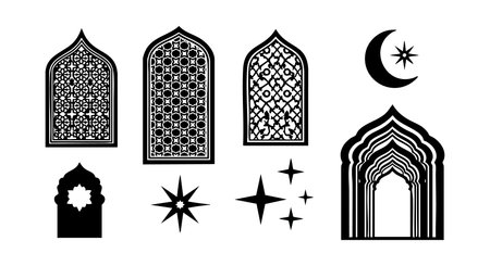 This vector features Islamic geometric window patterns alongside crescent moon and star symbols in black and white, showcasing symmetrical and ornamental design elements. Elegant and cultural.のイラスト素材