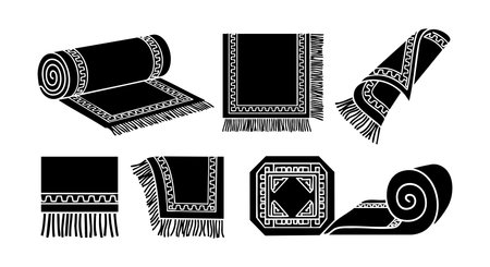 This vector set shows six traditional decorative carpet rugs with intricate fringes and ornamental patterns, ideal for textile design, interior decoration, and cultural art projects. Classic and elegant.のイラスト素材