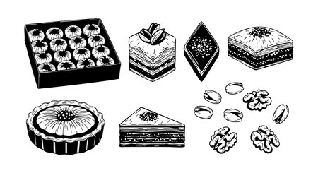 This vector line art features traditional Middle Eastern sweets and various nuts arranged neatly, ideal for festive or dessert-themed designs, presented in a clean, monochrome style. Elegant.のイラスト素材
