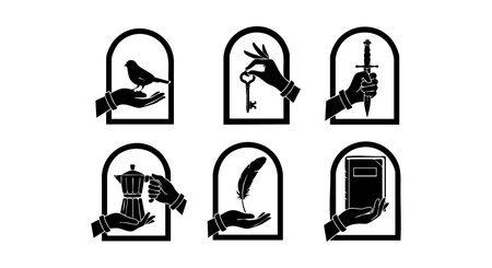 This vector features black silhouette hands presenting symbolic objects such as a bird, key, syringe, coffee maker, feather, and book, all framed in arched windows, conveying meaning with simplicity and contrast. Calm atmosphere.のイラスト素材