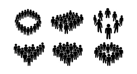 This vector shows various groups of people forming different shapes symbolizing social connections and community unity in a simple black silhouette style. Mood is inclusive and collaborative.のイラスト素材