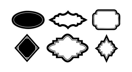 This vector set features six vintage ornamental frames with various shapes and decorative borders in black and white, perfect for design and illustration use. Classic and elegant mood.のイラスト素材