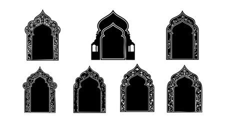 This vector set features seven intricate Islamic window frames with ornamental arches in black silhouette style, ideal for architectural and cultural design projects, elegant and detailed.のイラスト素材