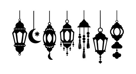 This vector features traditional Islamic lanterns and a crescent moon in black silhouette style, perfect for Ramadan decoration and festive design projects, elegant and cultural.のイラスト素材