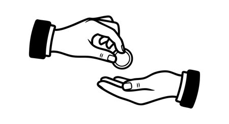 Vector shows one hand giving a coin to another hand, symbolizing payment, donation, or exchange in a minimalist black and white style. Clear and straightforward.のイラスト素材