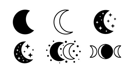 This vector set shows various moon phases including crescent, full, new, and waxing in black and white style. Perfect for astronomy or night theme projects. Calm and simple.のイラスト素材
