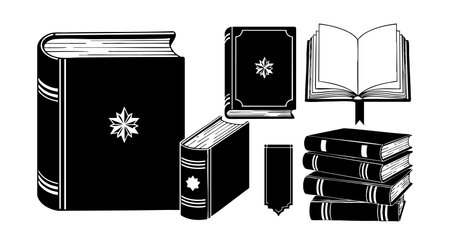 This vector collection features vintage styled black books adorned with star emblems, including stacked books, an open book, and bookmarks, presented in a clean monochrome style. Classic and elegant.のイラスト素材