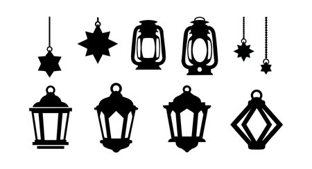 This vector set features black silhouette vintage lanterns and star-shaped ornaments hanging, perfect for decoration and design projects, with a classic and elegant mood.のイラスト素材