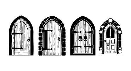 This vector features four detailed medieval wooden doors with stone arch frames in black and white. The design suits architectural and historical themes with a classic mood.のイラスト素材